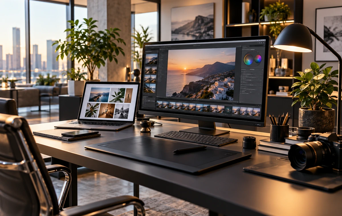 Dijital reklam tasarımı için modern yaratıcı stüdyo çalışma alanı görseli